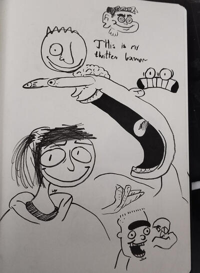 more random doodles, i really like how that laughing face came out, also that's me in the corner, silly.